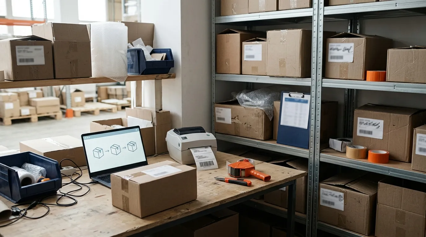 Lagerbüro mit Paketen, Etikettendrucker und Laptop mit verbundenen Systemen (Symbolbild)