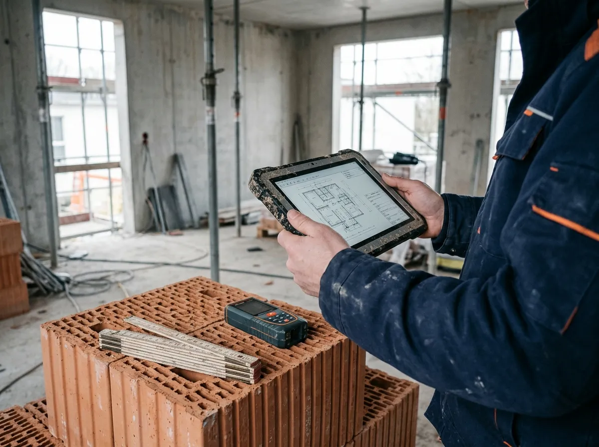 Aufmaß am Rohbau mit Tablet, Zollstock und Laser-Entfernungsmesser