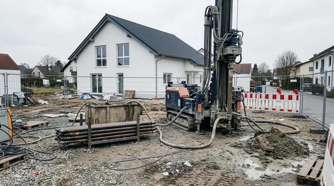 Bohrgerät für Erdwärme auf einer Baustelle vor einem Neubau (Symbolbild)