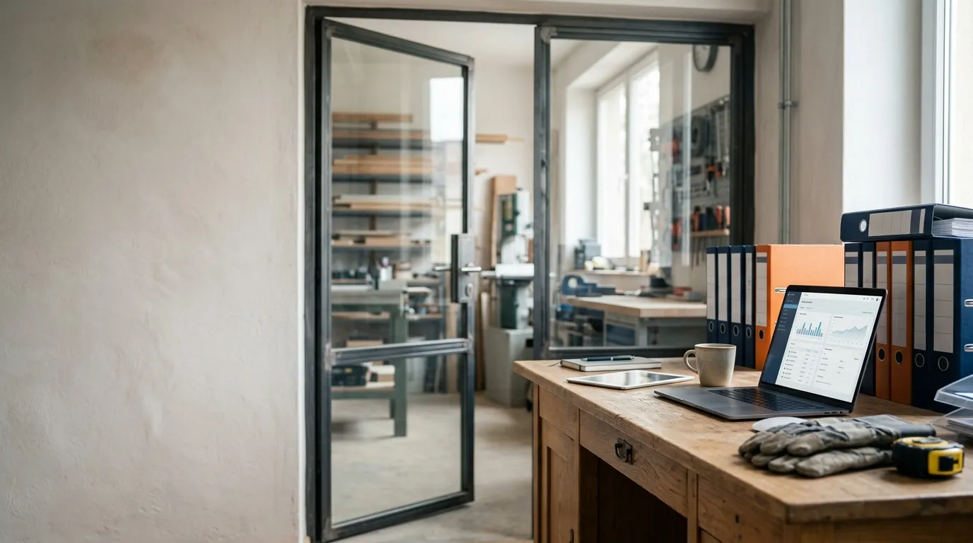 Büro eines Handwerksbetriebs mit Laptop, Ordnern und Blick in die Werkstatt (Symbolbild)