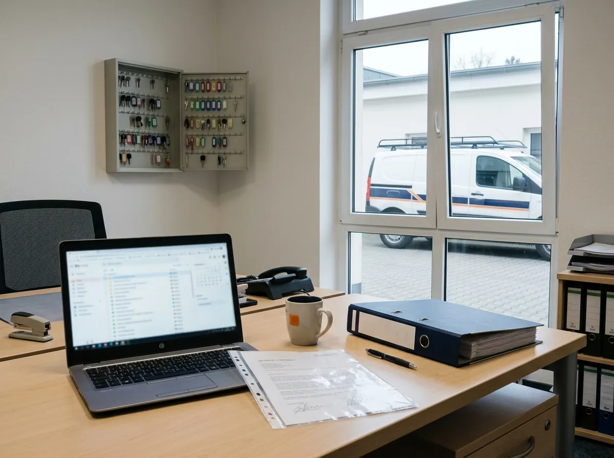 Büro eines Dienstleisters mit Laptop, unterschriebenem Vertrag, Schlüsselschrank und Servicewagen vor dem Fenster