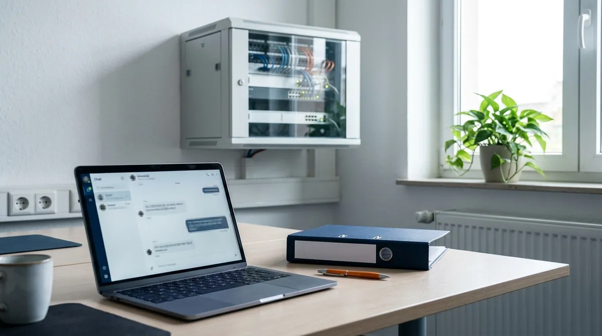 Laptop mit Chatfenster auf einem Schreibtisch, daneben ein Aktenordner, an der Wand ein Serverschrank