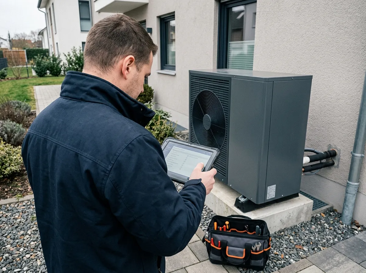 Monteur prüft eine Wärmepumpe mit Checkliste auf dem Tablet (Symbolbild)