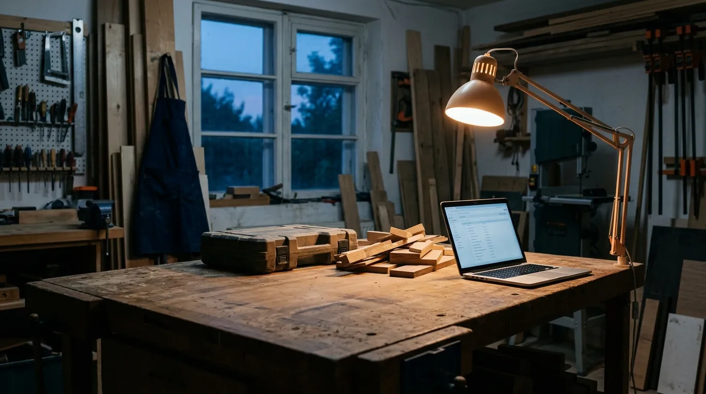 Aufgeräumte Werkbank in einer kleinen Werkstatt am Abend, daneben ein Laptop