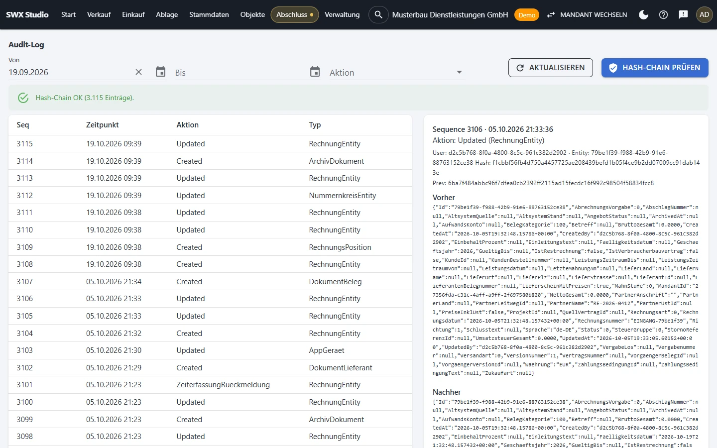 Audit-Log mit der Meldung „Hash-Chain OK (3.115 Einträge)“, der Liste der Änderungen und der Detailansicht eines Eintrags mit Vorher- und Nachher-Werten.