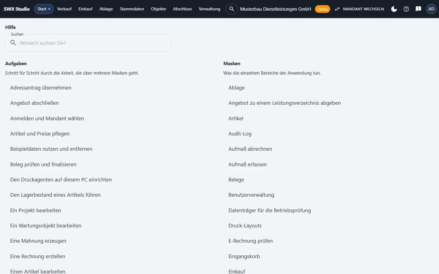 Studio, Hilfe: Suchfeld, links Aufgaben wie „Angebot abschließen“ oder „Beleg prüfen und finalisieren“, rechts Masken wie „Ablage“, „Artikel“ und „Aufmaß erfassen“.