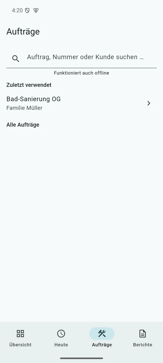 Bildschirm „Aufträge“ der Norlyvo-App mit Suchfeld, dem Hinweis „Funktioniert auch offline“ und der Liste der zuletzt verwendeten Aufträge.