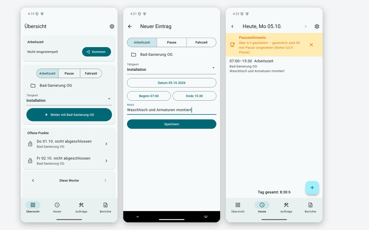 Drei Bildschirme der Norlyvo-App: Übersicht mit Kommen und Arbeitszeit, Zeiteintrag mit Auftrag, Tätigkeit, Beginn und Ende, Tagesliste mit Pausenhinweis.