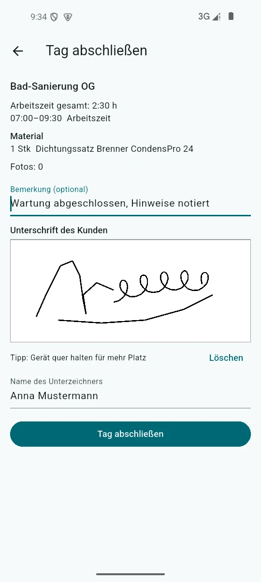 Norlyvo-App, „Tag abschließen“: Auftrag, Arbeitszeit gesamt, Material, Fotos 0, Bemerkung, Zeichenfeld „Unterschrift des Kunden“ mit gezeichneter Unterschrift, Name des Unterzeichners und der Knopf „Tag abschließen“.