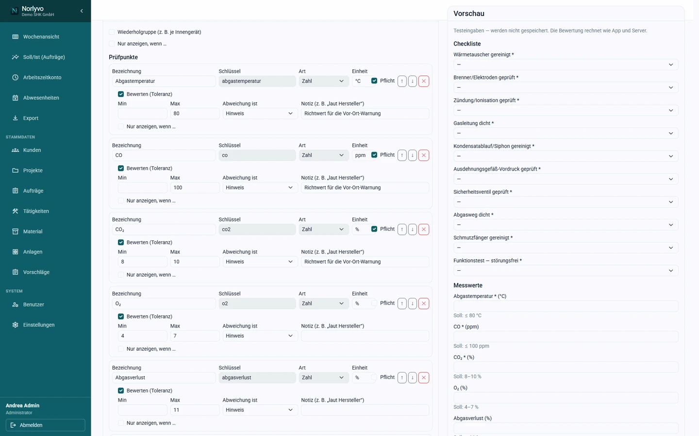Norlyvo-Backoffice, Anlagentypen und Prüfvorlagen, Editor: Prüfpunkte mit Bezeichnung, Art, Einheit und Pflicht; je Messwert das Feld „Bewerten (Toleranz)“ mit Min, Max und der Wahl, ob eine Abweichung ein Hinweis oder ein Mangel ist. Rechts eine Vorschau mit Testeingaben.