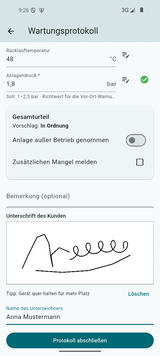 Norlyvo-App, Wartungsprotokoll, unterer Teil: Gesamturteil „Vorschlag: In Ordnung“, Feld für die Bemerkung, Zeichenfeld „Unterschrift des Kunden“ mit gezeichneter Unterschrift, Name des Unterzeichners und der Knopf „Protokoll abschließen“.