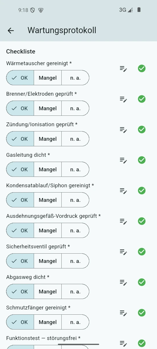 Norlyvo-App, Wartungsprotokoll, Checkliste: zehn Prüfpunkte der Vorlage, je mit der Wahl OK, Mangel oder n. a.; alle stehen auf OK und tragen ein grünes Häkchen.