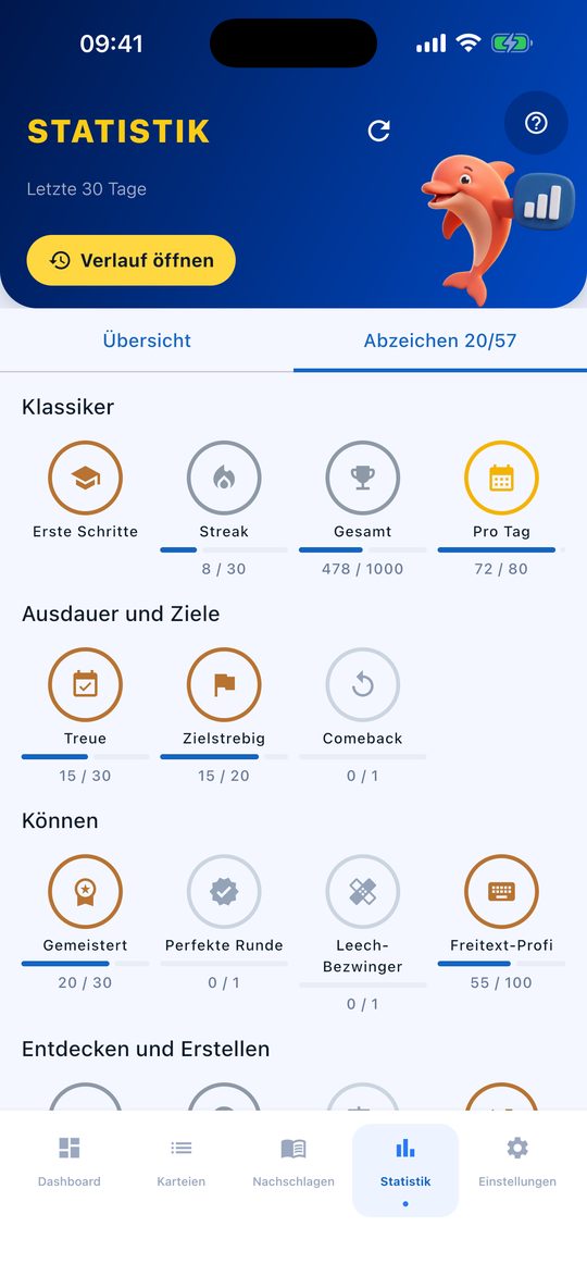 Flippo Statistik, Reiter Abzeichen, mit den Familien Klassiker, Ausdauer und Ziele und Können sowie einem Fortschrittsbalken je Abzeichen