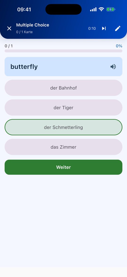 Flippo Multiple-Choice-Modus mit vier Antwortmöglichkeiten