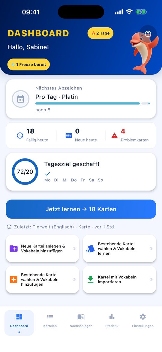 Flippo Dashboard mit Tagesziel, Lernstreak und fälligen Karten