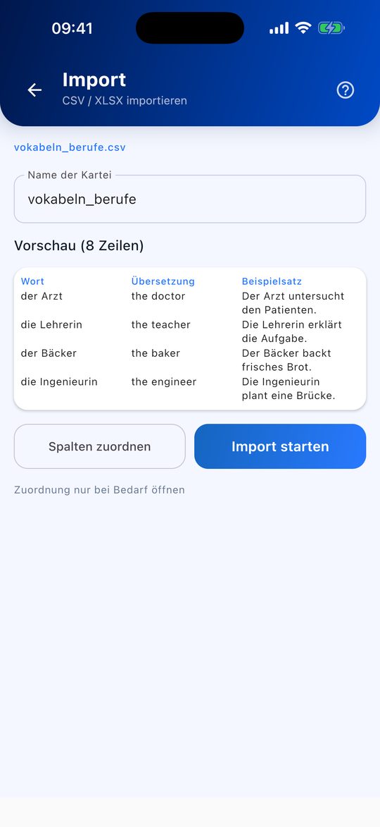 Flippo Import-Vorschau der Datei vokabeln_berufe.csv mit den Spalten Wort, Übersetzung und Beispielsatz sowie den Schaltflächen „Spalten zuordnen“ und „Import starten“