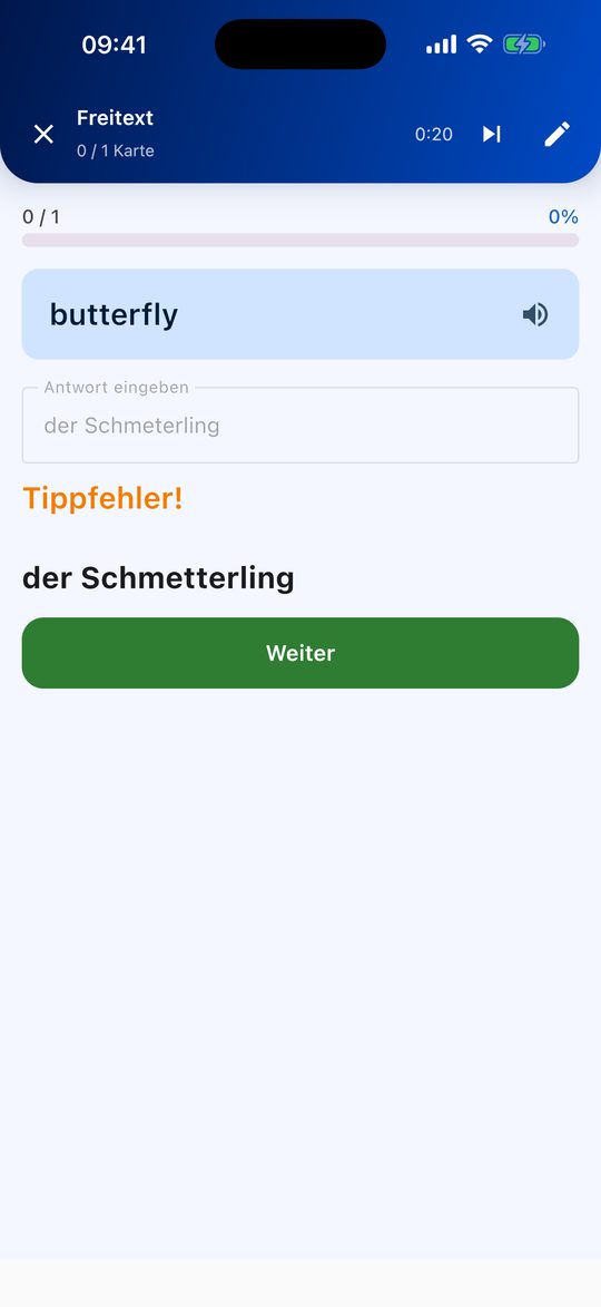 Flippo Freitext-Modus: das englische Wort butterfly, Antwort „der Schmetterling“ mit Hinweis auf einen Tippfehler