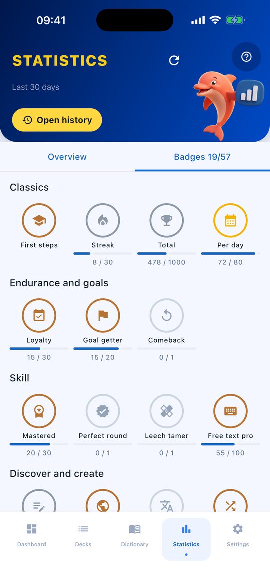 Statistiques Flippo, onglet Badges, avec des familles comme Classics, Endurance and goals et Skill et une barre de progression par badge