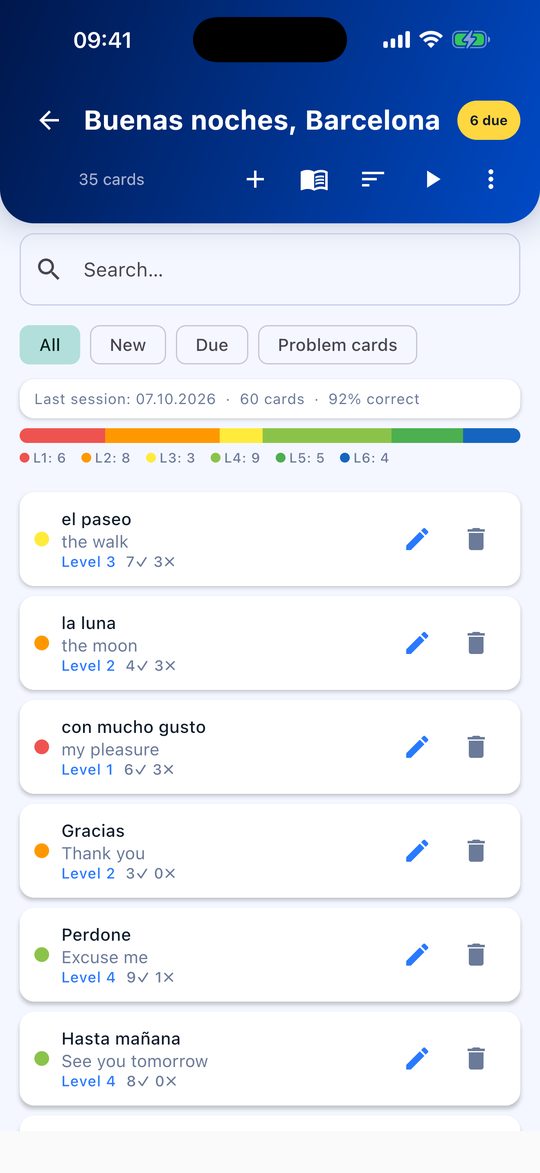 Liste « Buenas noches, Barcelona » de Flippo avec du vocabulaire espagnol et les niveaux