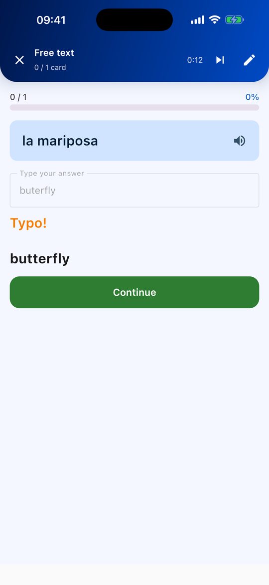 Mode saisie libre de Flippo traduisant le mot espagnol la mariposa, avec un message de faute de frappe